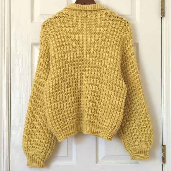 Nathan Road 80's Vintage Chunky Knit Buttoned Collared Cardigan Sweater Yellow M - Picture 10 of 11